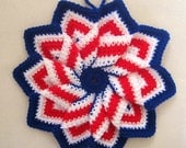Crocheted Large Twisted Hot Pad / Trivet - Red, White and Blue