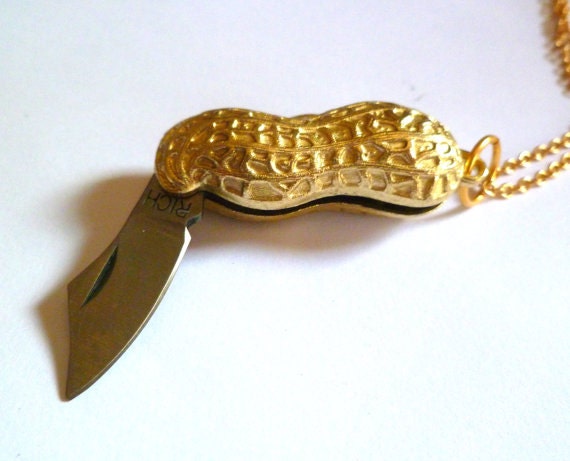 Peanut knife necklace, vintage peanut pocketknife on gold plated chain, peanut butter