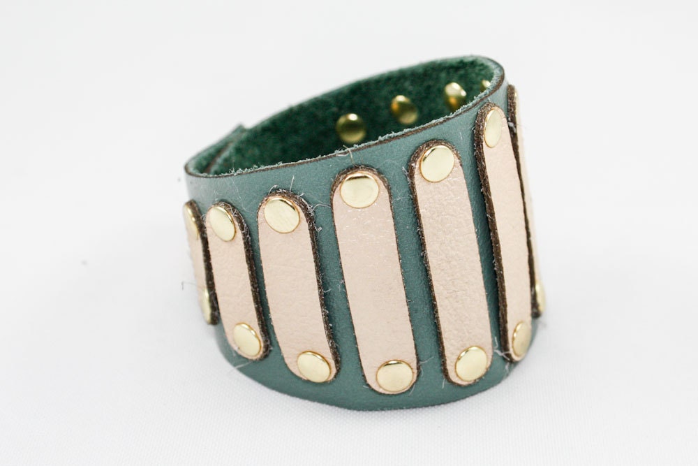 Studded Leather Cuff - Hendrix Style (Aqua & Cream)