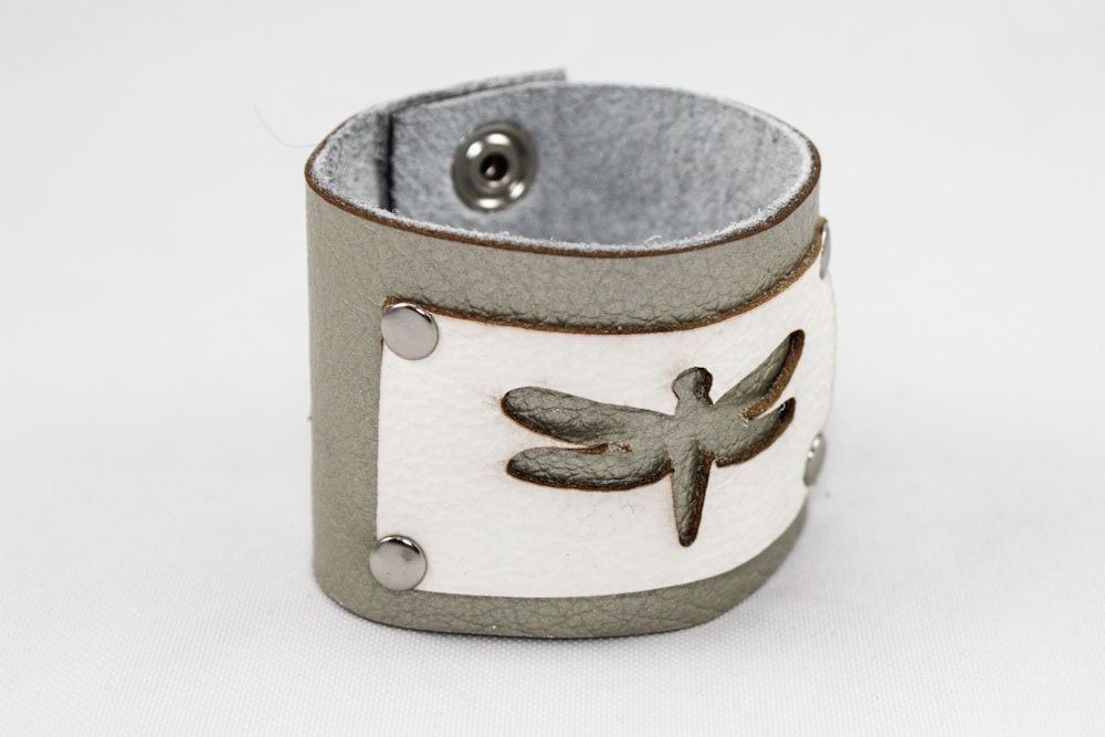 Leather Cuff - Dragonfly Cutout - Laser Cut  (White & Shimmery Pearl)