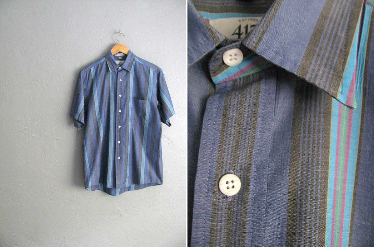 vintage men's '80s FADED BLUE STRIPED short sleeve button-up shirt. size l.