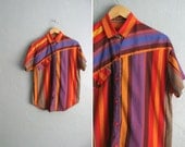 vintage orange & purple CIRCUS STRIPED short sleeve button-up shirt. size l xl.
