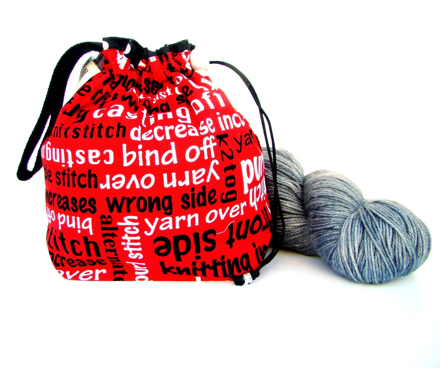 Sock Knitting Project Bag Hexipuff Small Crochet Wip Bag - Yarn Over Red