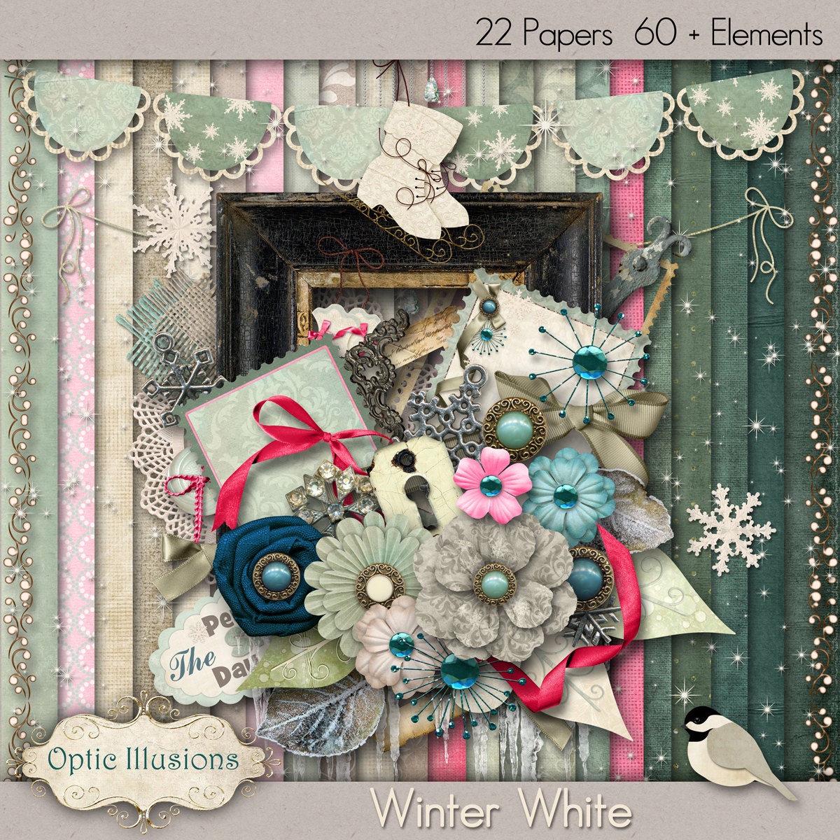 WINTER WHITE - Digital Scrapbooking Kit - 22 Papers and 60 Plus Elements -