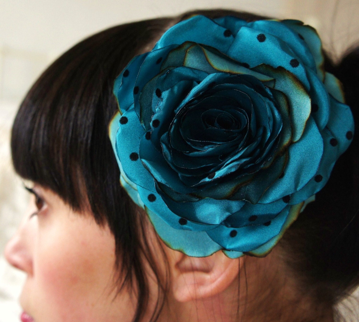 polka dot  turquoise recycled vintage fabric rose/hair flower/fascinator