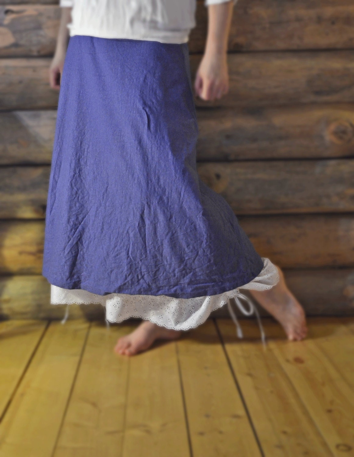 Womens Long Half Slip Extender Petticoat White Cotton w/ Embroidery Eyelet Lace Border Layered Skirt S Ready to Ship RenFaire Boho