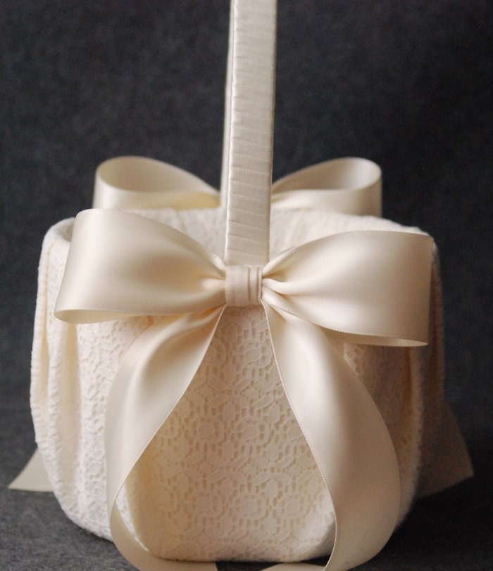 Flower Girl Basket with Ivory Lace and Double Faced Satin Bow - Katherine