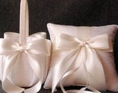 Wedding Ring Pillow and Flower Girl Basket Set - Light Ivory Silk with Satin Bows - Emily