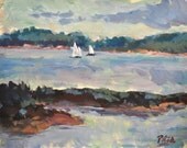 Landscape Painting, impressionist art with ocean inlet and sailboats by Russ Potak