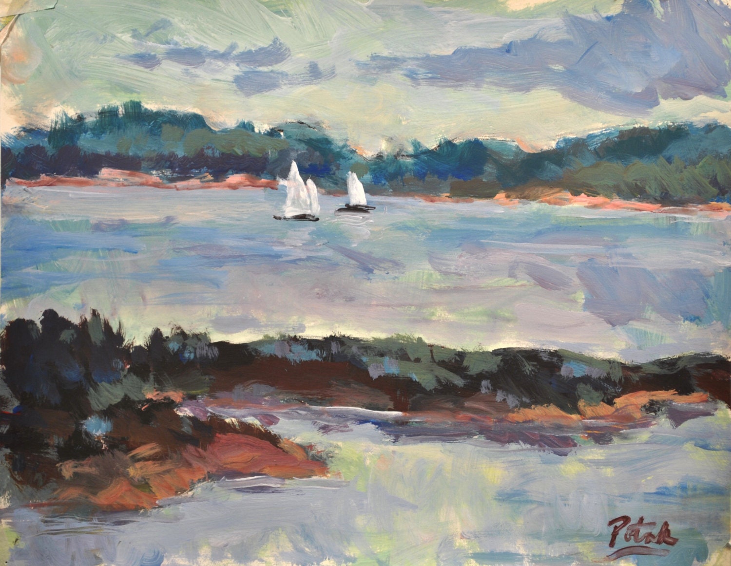 Landscape Painting, impressionist art with ocean inlet and sailboats by Russ Potak