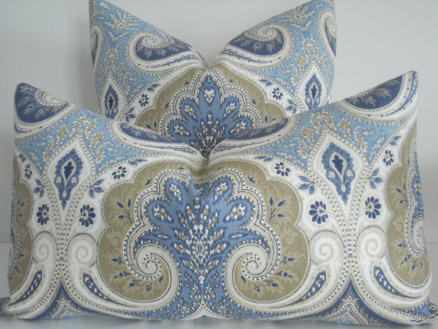 BOTH SIDES- Latika - KRAVAT- Decorative Pillow Cover--Delta- -Blues Cream  Latte  Beige Off White Throw/Lumbar Pillow