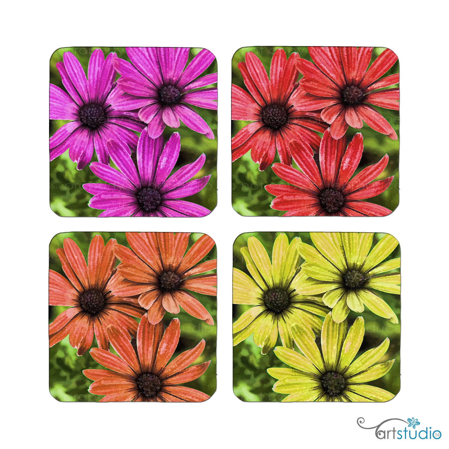 Coasters - Set of Four - Painted Pixels - Flowers Garden - Cork Bottom - Pink, Red, Orange, Yellow  - Made by artstudio54