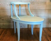 Vintage Oval Side Table, Two Tiered Painted Blue Accent Table