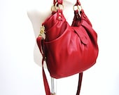 Red leather purse, pleated satchel, large bag, convertible backpack, Slouchy bag, GOLD hardware