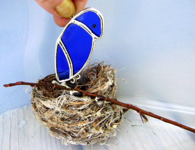 SALE 30% OFF Fathers Day Baby Bird Nest Blue Bird Suncatcher Stained Glass Spring Wedding Birthday Summer Birthday Gifts Original Design