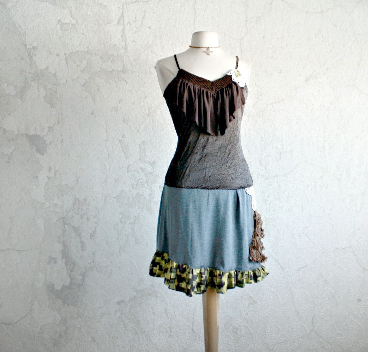 Boho Chic Upcycled Dress Dark Brown Ruffle Spaghetti Straps Retro Fringe Eco Fashion Women's Clothing Gypsy Clothes S/M 'TAT'