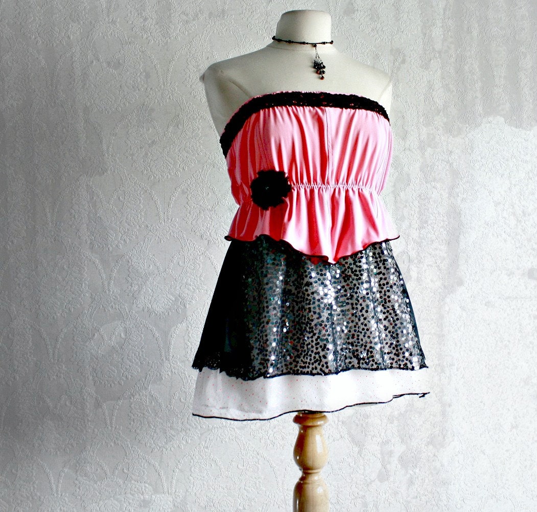 Pink Women's Top Black Sequins Peplum Shirt Strapless Tunic Eco Friendly Clothing Reconstructed Romantic Clothes Large 'VIENNA'