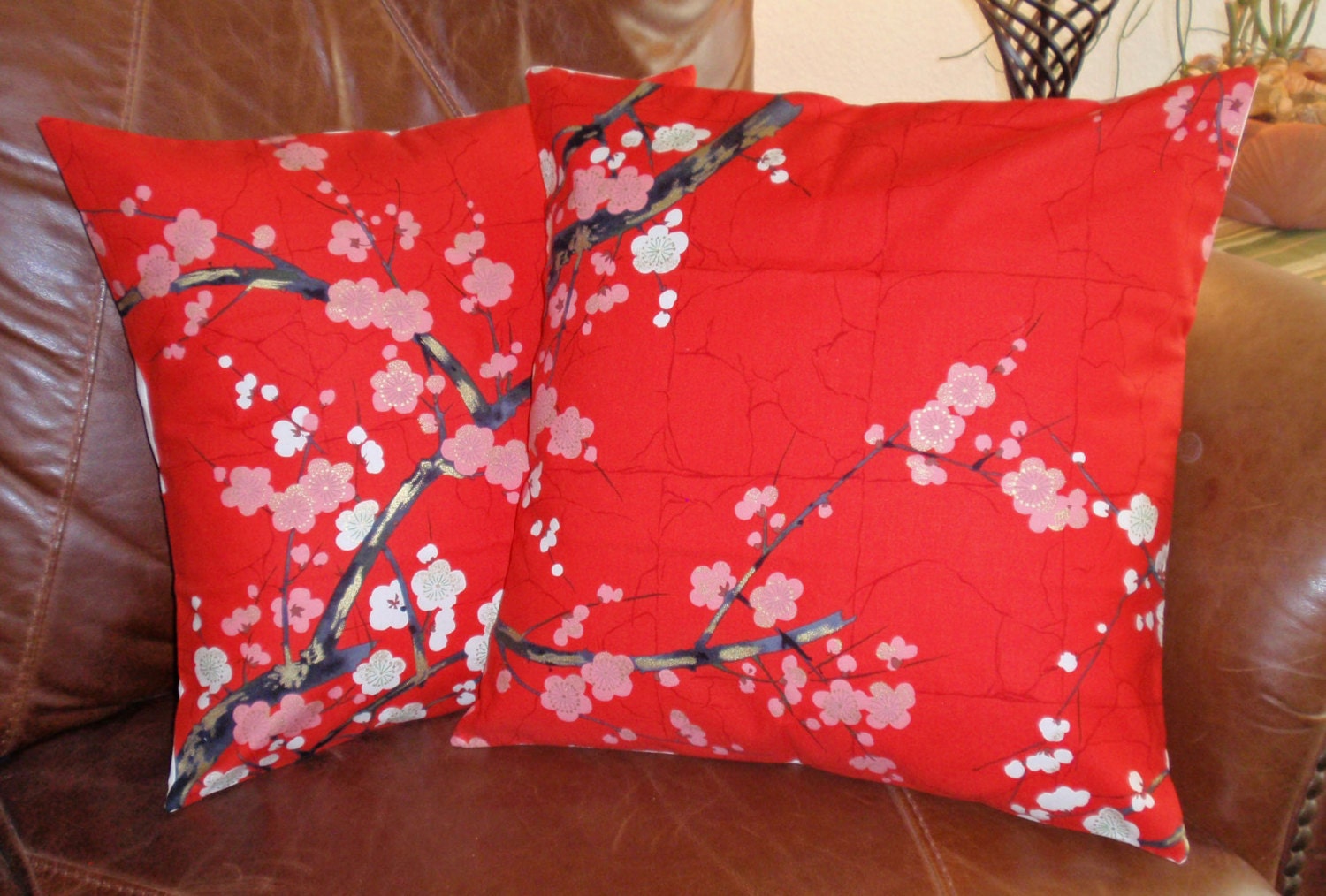 Throw Pillow Covers - 16x16" Set of 2 sewn with Alexander Henry's Golden Garden in Red - Asian Floral Throw Pillow Covers