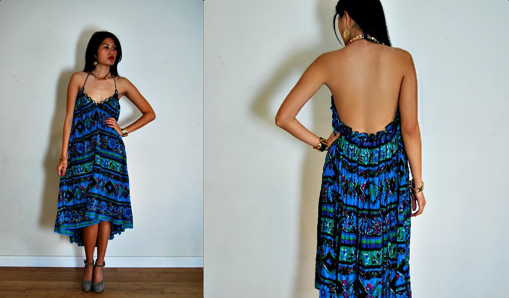Upcycled Vintage Teal Blue Ethnic Stripe Gauze Backless Halter Dress S/M