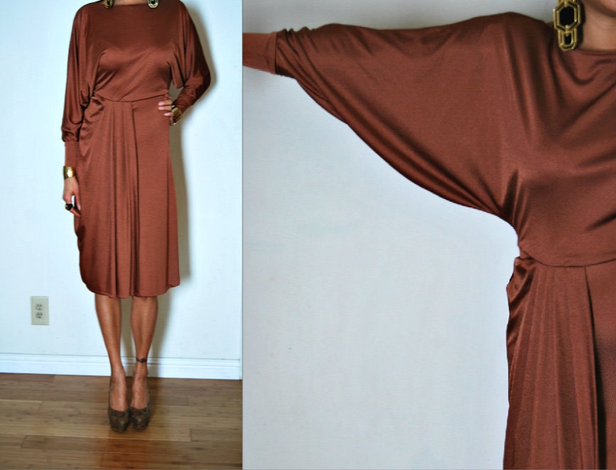 Vtg Copper CLIMAX Slinky Glam Drape Dolman Hollywood Glam Avant Garde Dress S/M