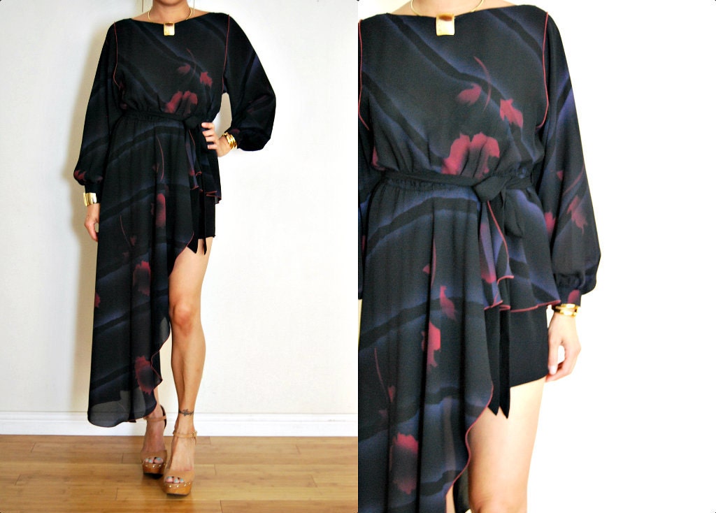 Vtg vtg Black RARE Runway Watercolor Floral Asymmerical Glam Hollywood Maxi Mini SM