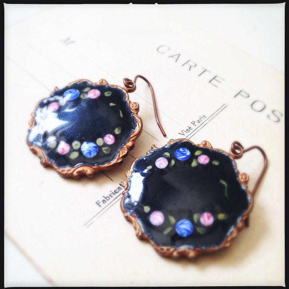 1930s earrings / brass & enamel earrings / Halfeti enamel earrings