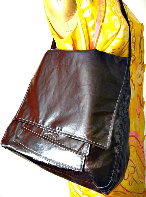 Water Resistant Handbag, Black Raincoat Fabric Bag, Big Flap Crossbody Bag