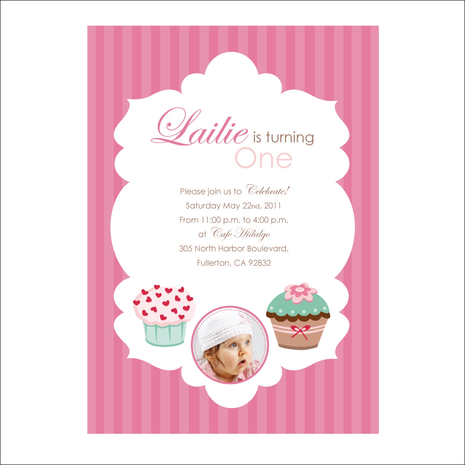 Custom Pink and Green Cupcake Printable DIY Invitation 5x7