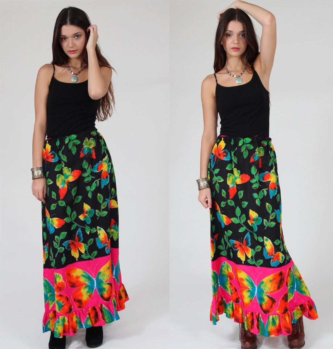 Vintage 70s Maxi Skirt Neon BUTTERFLY Novelty Print