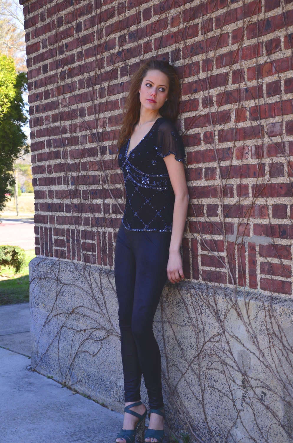Vintage 80s SEQUIN Top Black SILK Glam Evening S/M