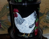 Hand Painted 3-Piece Black Metal Canisters clear lids Rooster,Hen,Chick,Berries