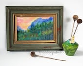 Mountain Landscape watercolor 4x6 fine art painting in frame abstract green pink home decor