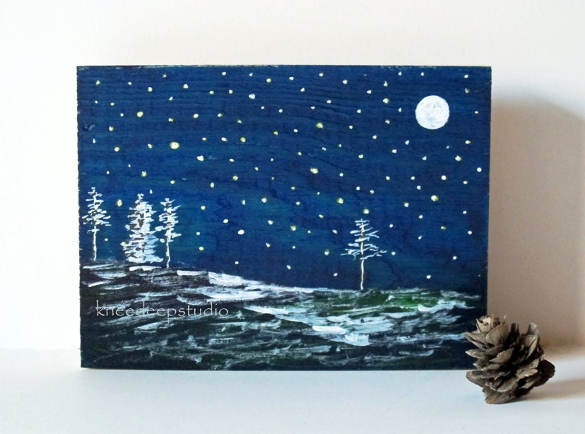 Midnight Sky painting blue moon stars miniature art on wood block by Knee Deep Originals