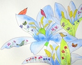 Original Flower painting 9x12 watercolor whimsical garden birds colorful botanical wall decor