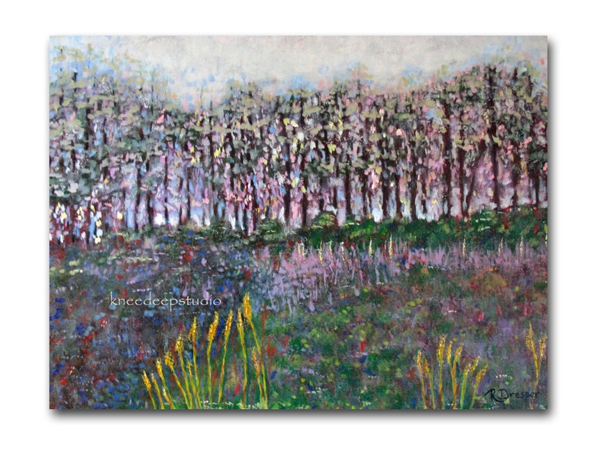 Colorful Landscape painting 18x24 fine art acrylic field of flowers spring trees modern home decor