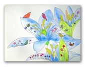 Original Flower painting 9x12 watercolor whimsical garden birds colorful botanical wall decor