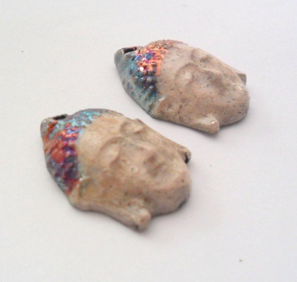 Buddha Beads or Charm Findings in Raku Fired Clay, Set of 2