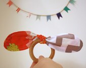 Wood Baby Teething Ring with Vintage and Organic Fabric - Red Floral and Grey Chevron - Eco-friendly Toy for Girls
