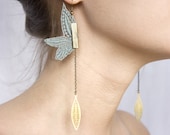 Lace earrings - Pendulum - Black or white or iridescent mint, with bronze