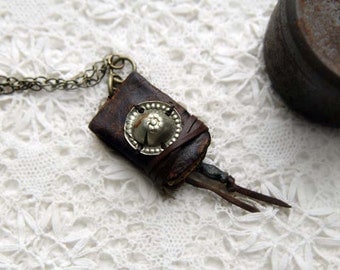 Of Words & Such - Miniature Wearable Book, Rustic, Dark Brown Leather, Vintage Kuchi Pieces, OOAK