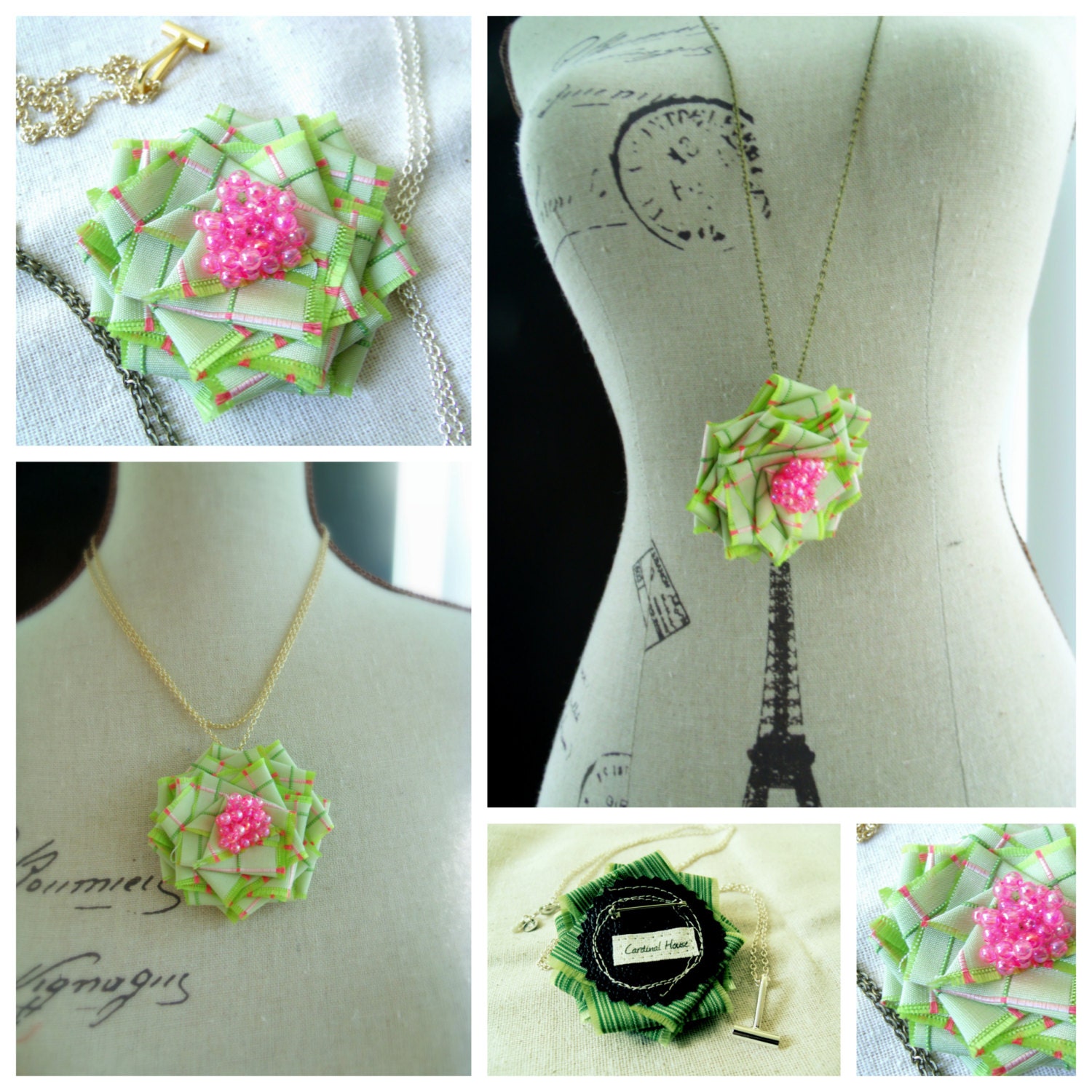 Irene Brooch Pendant Necklace. Neon green plaid and pink beaded fabric flower pin on long chain handmade by Cardinal House in Atlanta.