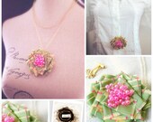 Irene Brooch Pendant Necklace. Green and pink beaded fabric flower pin on long chain handmade by Cardinal House in Atlanta.