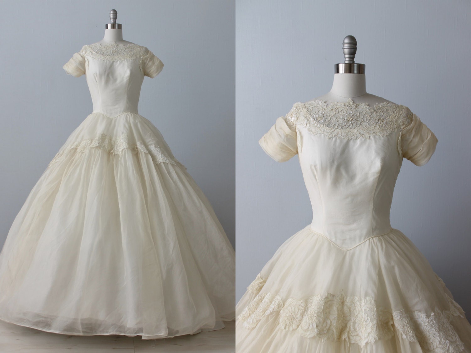 Vintage 1960s Wedding Dress / 60s Bridal Gown / Chiffon and Lace /  Grace