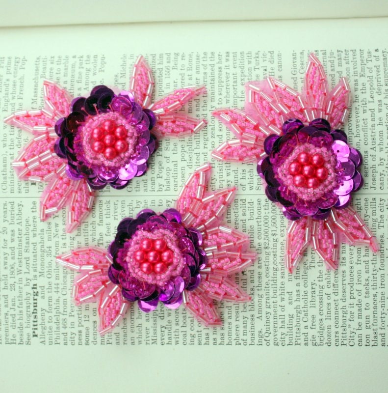 Three Pink and Fuschia Sequin and Bead Appliques for Crafting and Sewing Embellishments