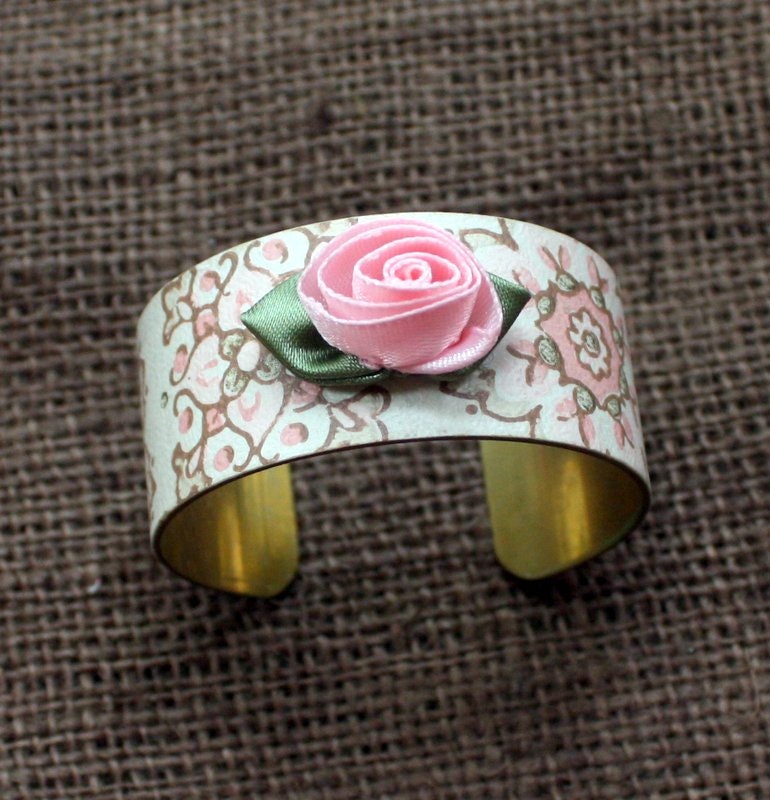 Vintage Wallpaper Cuff Bracelet with Satin Floral Embellishment