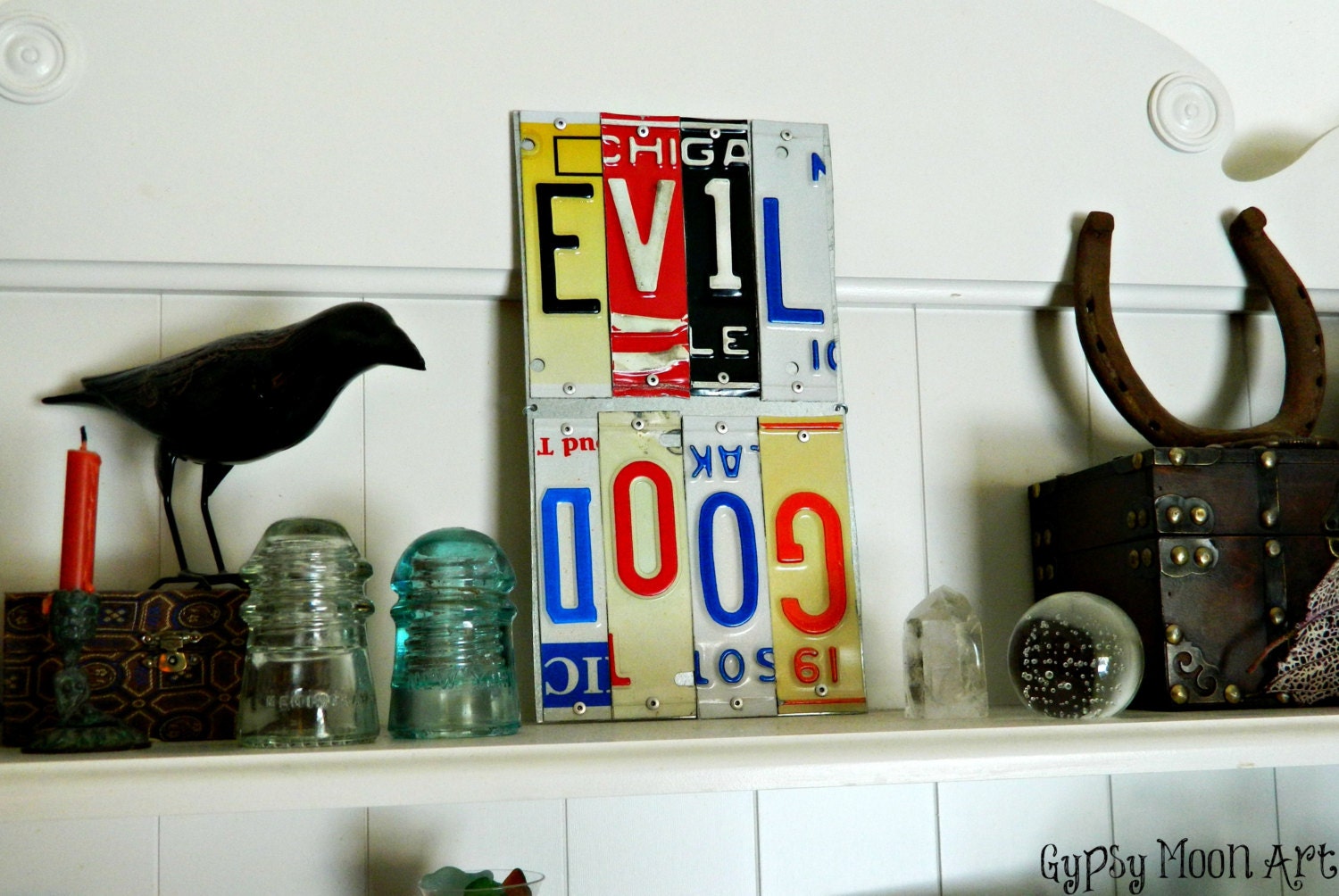 Good and Evil Sign.  License Plate Art Recycled Metal Art Sign.