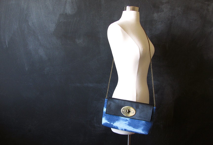 Envelope Clutch with Crossbody Chain Strap: black eco-friendly leather and hand dyed denim