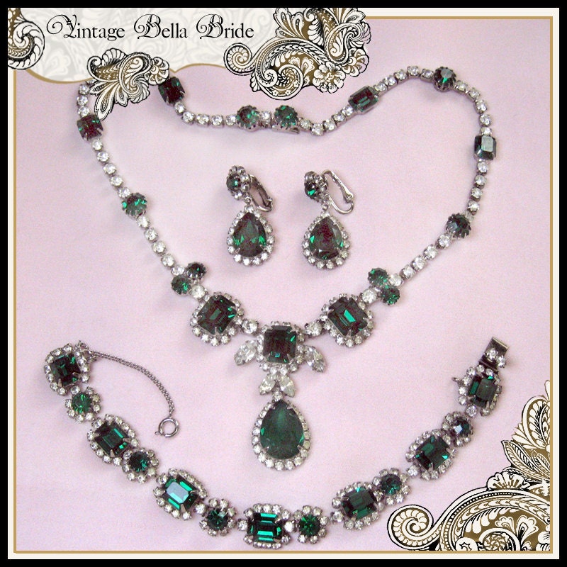 Designer Kramer of New York Green Rhinestone Necklace, Bracelet, Earrings- Wedding