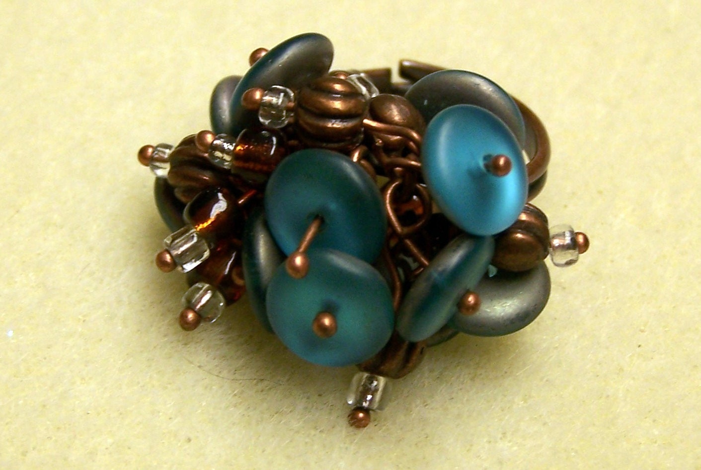 Copper and Teal Adjustable Beaded Ring