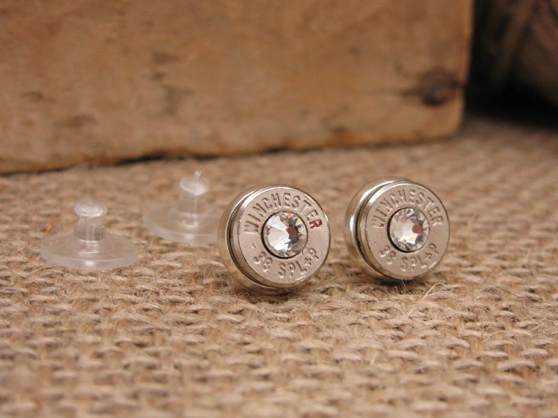 Bullet Jewelry - Nickel Silver 38 Special/357 Magnum Bullet Casing Stud Earrings - Clear Diamond Swarovskis - April Birthstone